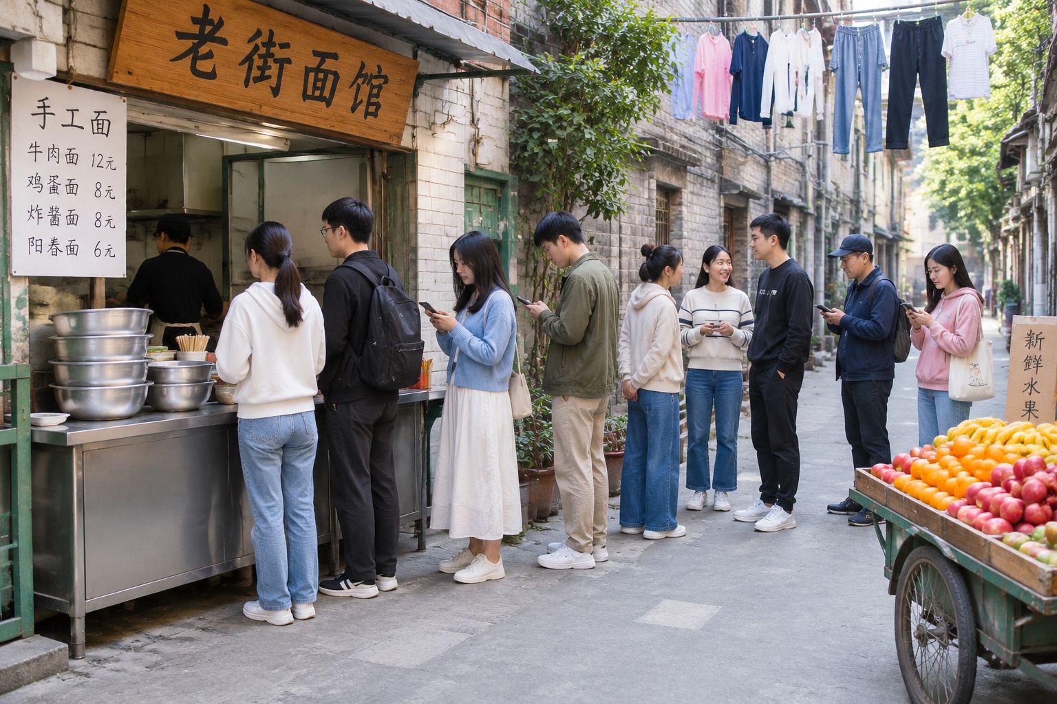 A queue of locals waiting outside an old noodle shop in a Putian alley.