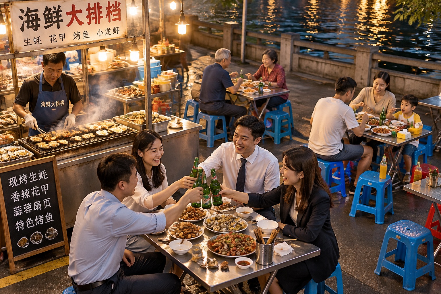 Overhead view of a busy Zhejiang night market dapaidang with customers eating grilled seafood and drinking beer at folding tables