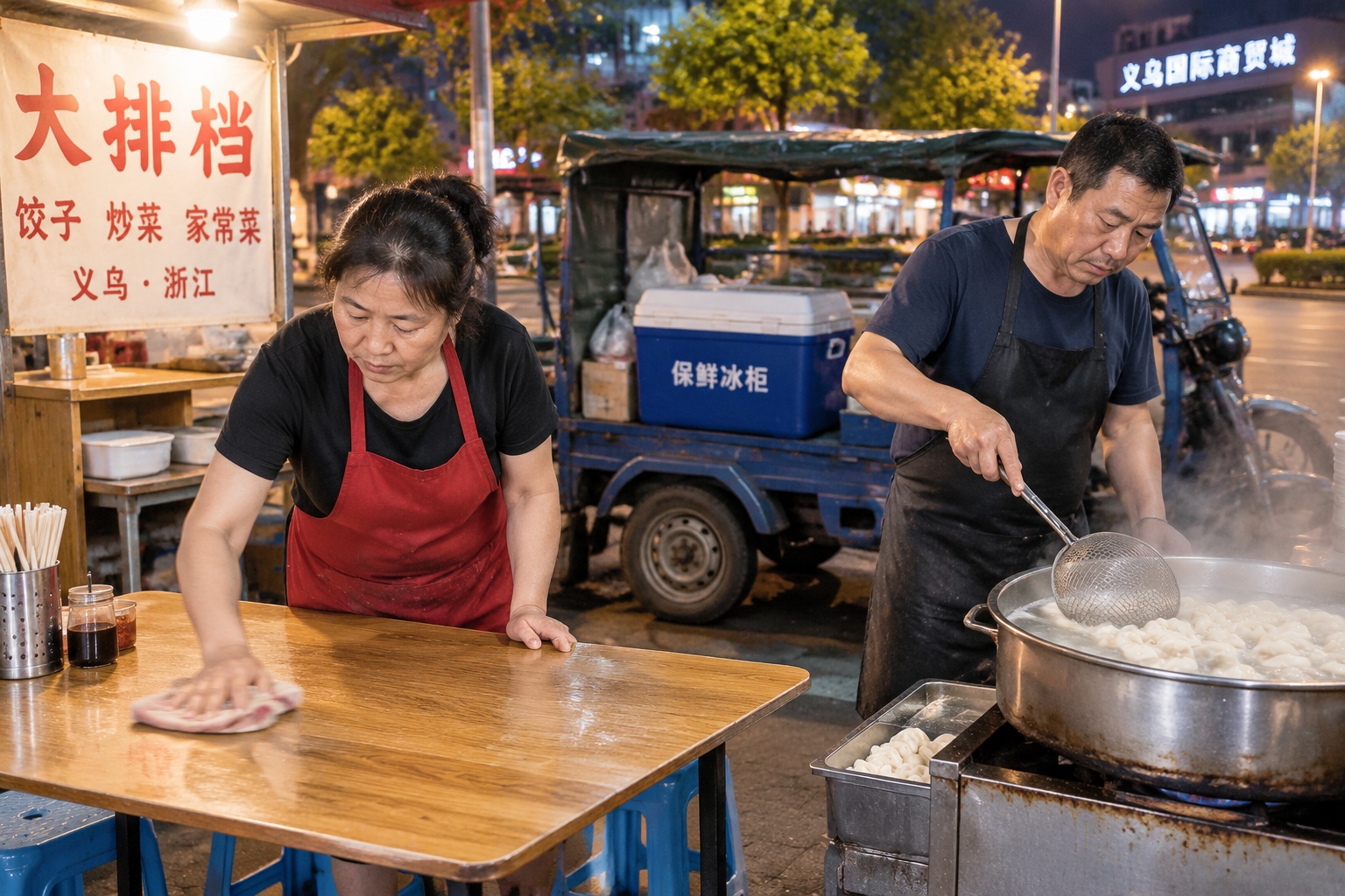 A middle-aged Chinese couple running a late-night dapaidang stall in Yiwu, Zhejiang, with the woman wiping tables and the man cooking jiaozi