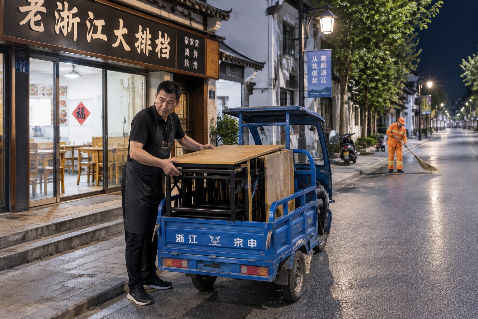 A dapaidang owner loading folding tables onto a three-wheeled cart at 2 a.m. on a quiet Zhejiang street while a street cleaner works nearby