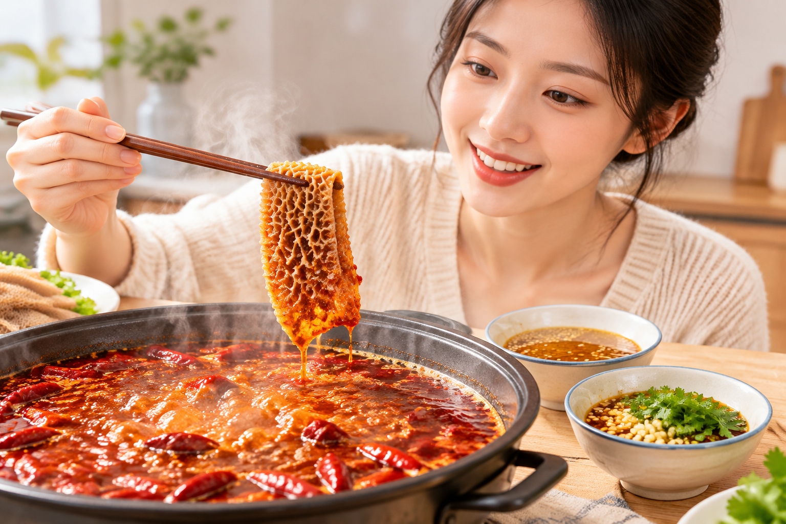 Beef tripe being dipped into Chongqing spicy hotpot broth, with dipping sauces on the side.