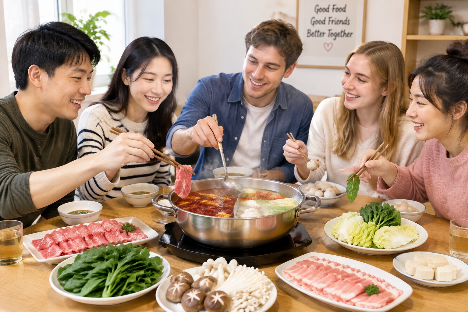 Chinese and foreign friends sharing a Chongqing hotpot meal, cooking together in a communal pot.