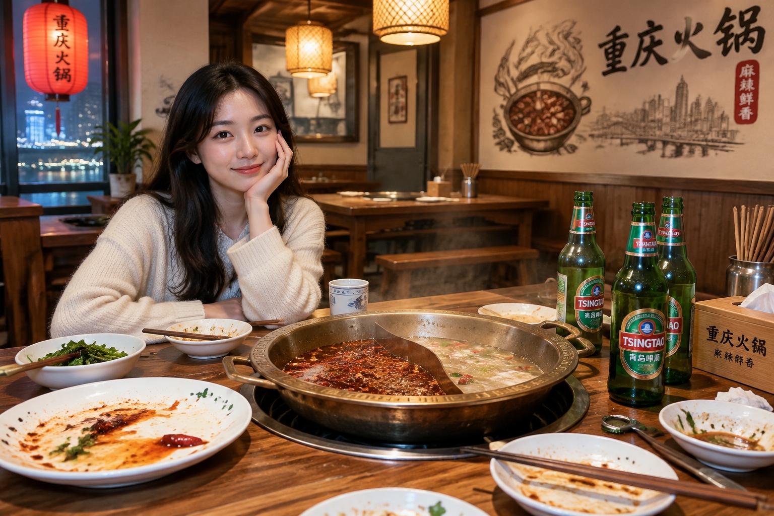End of a hotpot meal with empty dishes and beer bottles, reflecting a lingering sense of warmth.