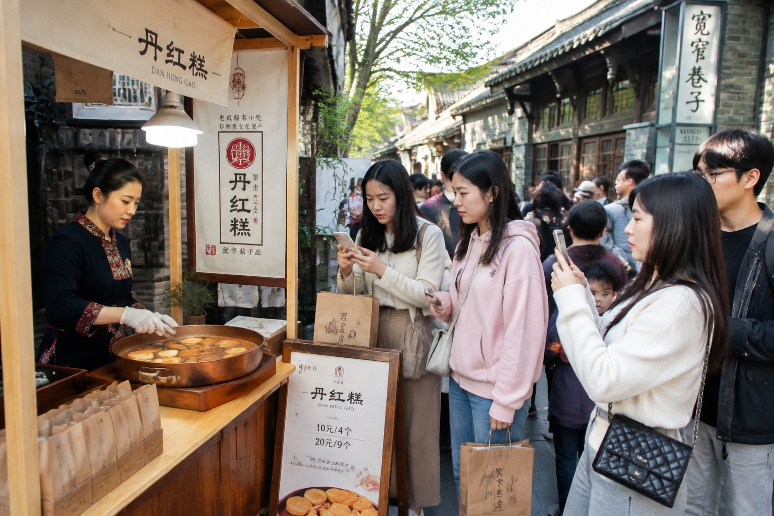 A tourist lane in Kuanzhai Alley, Chengdu, where visitors queue at a street stall to photograph freshly made dan hong gao pancakes