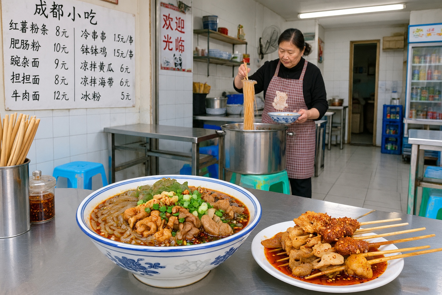 Inside a neighbourhood noodle shop in Chengdu, a bowl of feichang fen and a plate of bobo ji skewers sit on a steel table with a handwritten Chinese menu on the wall