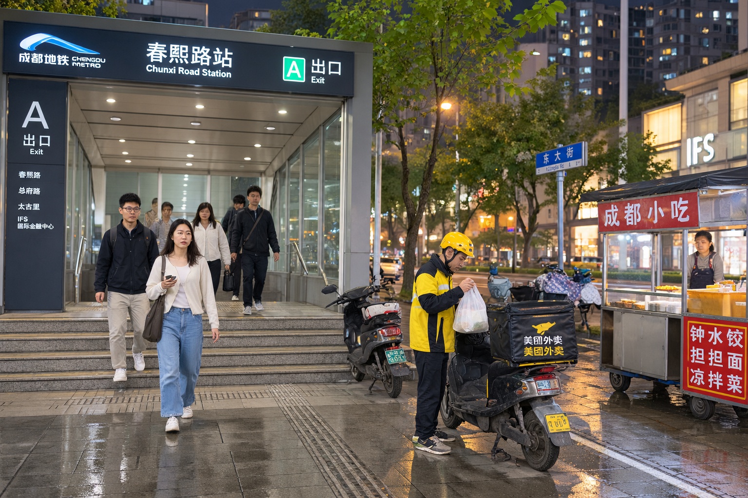 Commuters leaving a Chengdu subway exit at night past parked electric scooters and food carts, with a delivery rider collecting an order