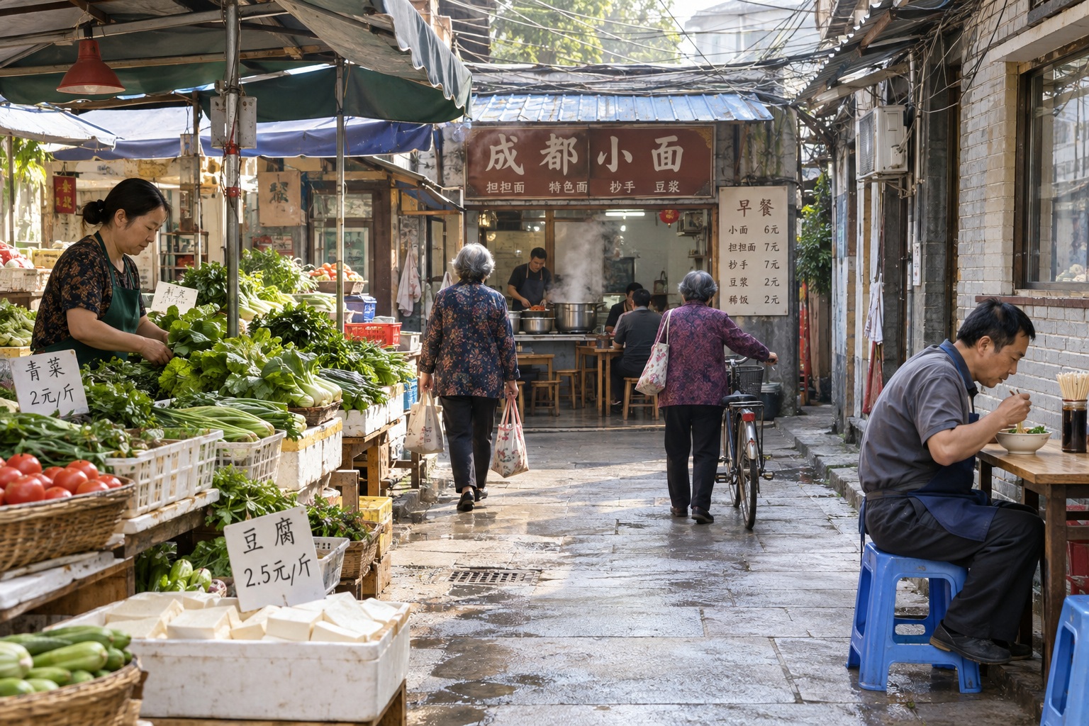Early morning at a Chengdu wet market alley, with vegetable stalls, a small noodle shop and older shoppers carrying cloth bags