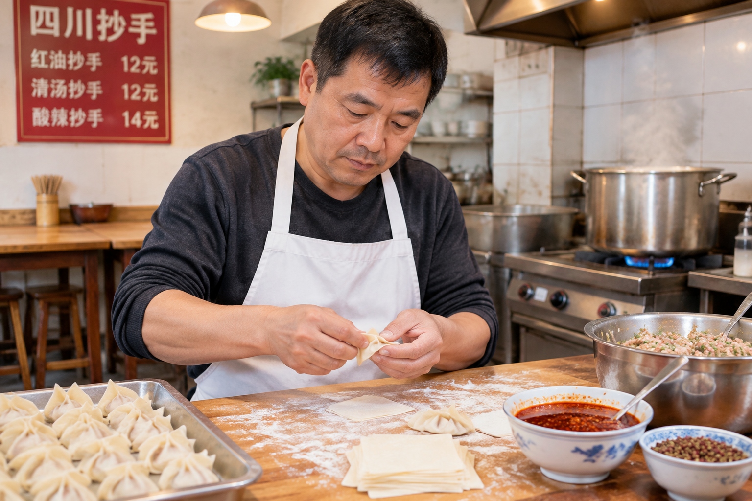 A cook hand-folding Sichuan chaoshou wontons in a small Chengdu breakfast shop, with bowls of red oil and peppercorn on the table