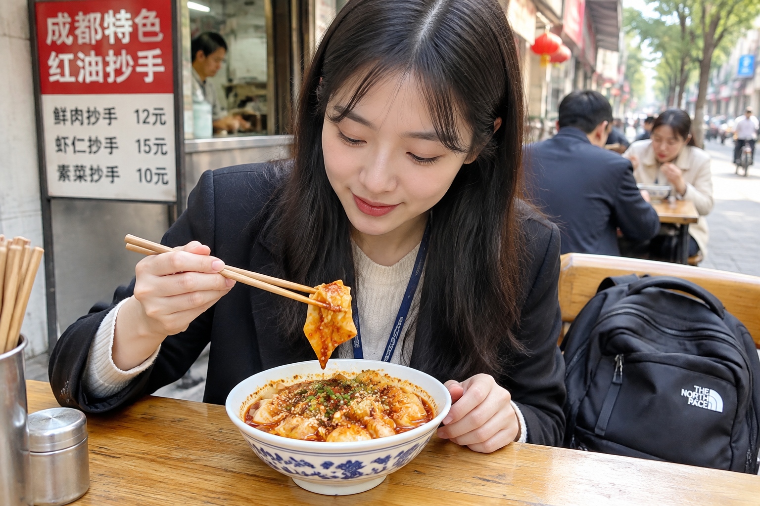 A young woman eating a bowl of red oil Sichuan chaoshou at a street-side table in Chengdu before work
