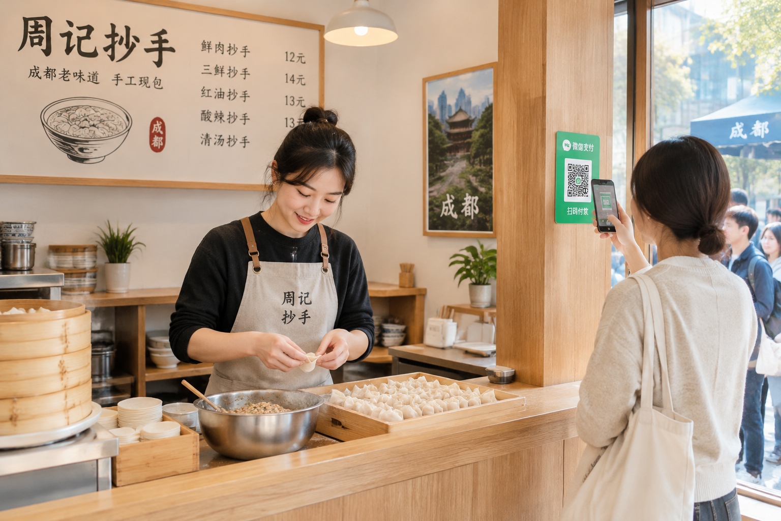 A young female owner hand-folding chaoshou in a modern Chengdu shop while a customer uses WeChat to order