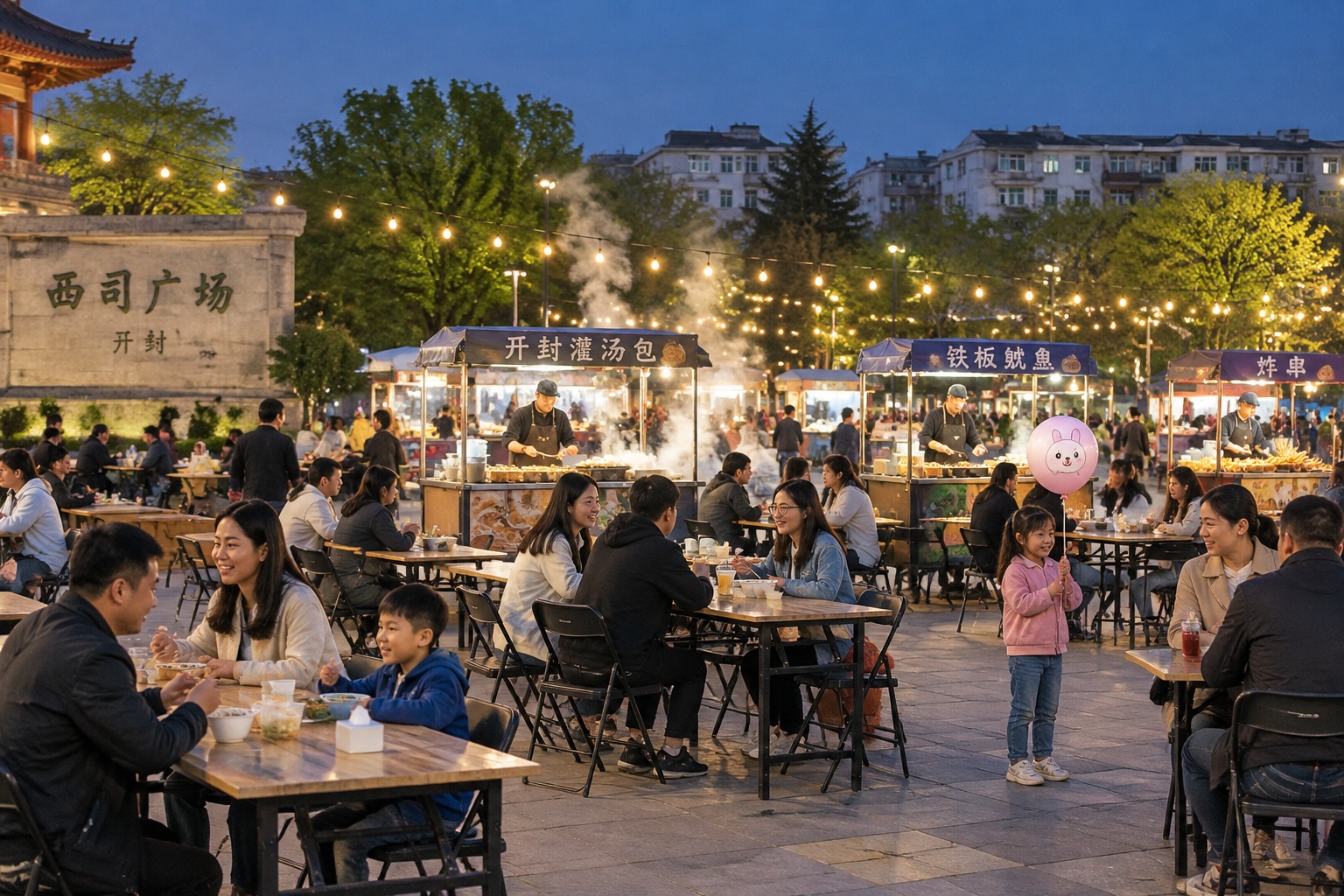 Families and friends eating at folding tables under warm lights at Xisi Square night market in Kaifeng, China