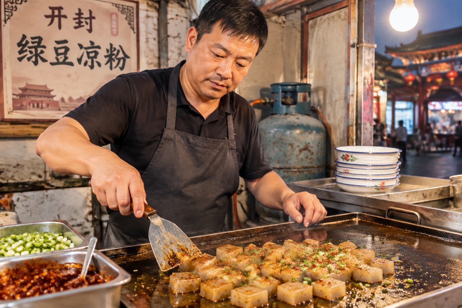 A street food vendor frying mung bean jelly with a flat spatula on a griddle at a Kaifeng night market stall