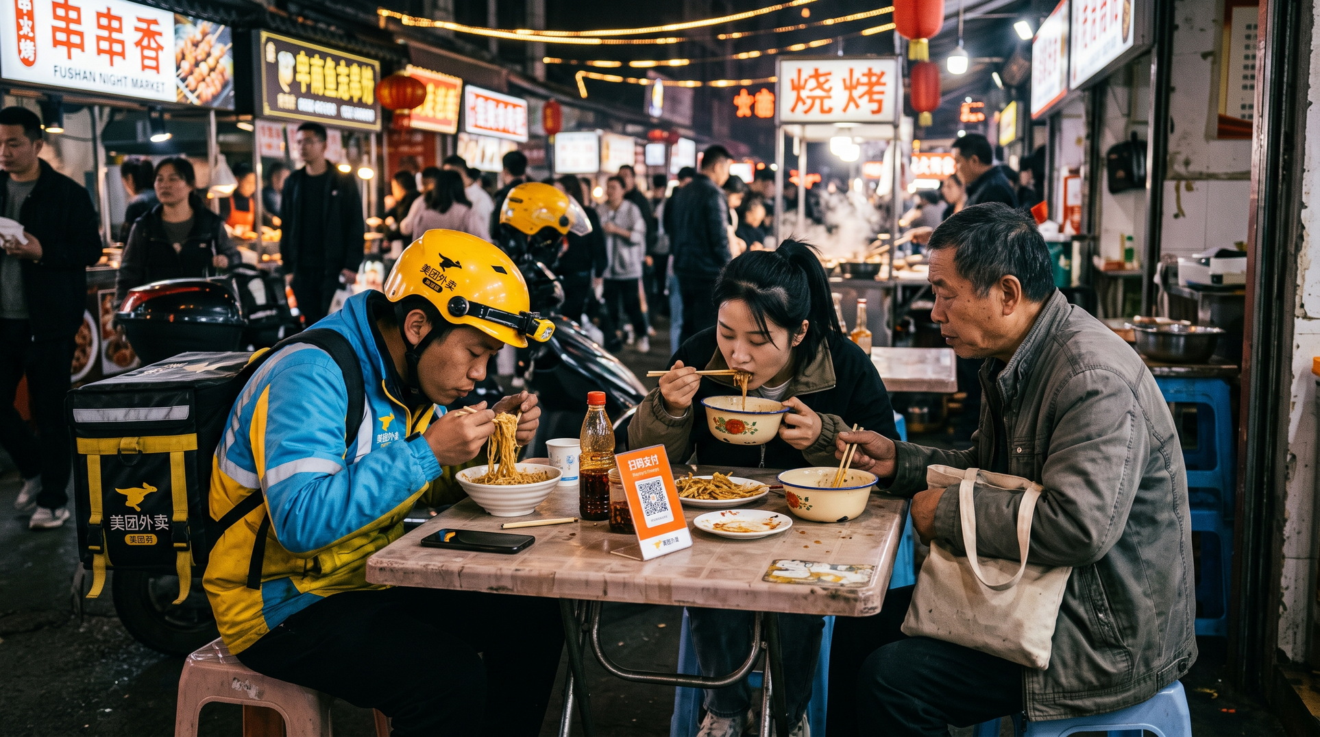 A delivery rider and two strangers sharing one plastic table at a late night food stall in Kaifeng
