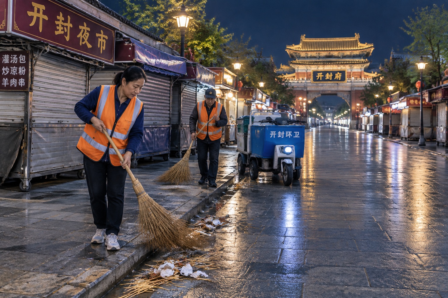 Sanitation workers sweeping up skewers and paper on a night market street in Kaifeng at 1 a.m.