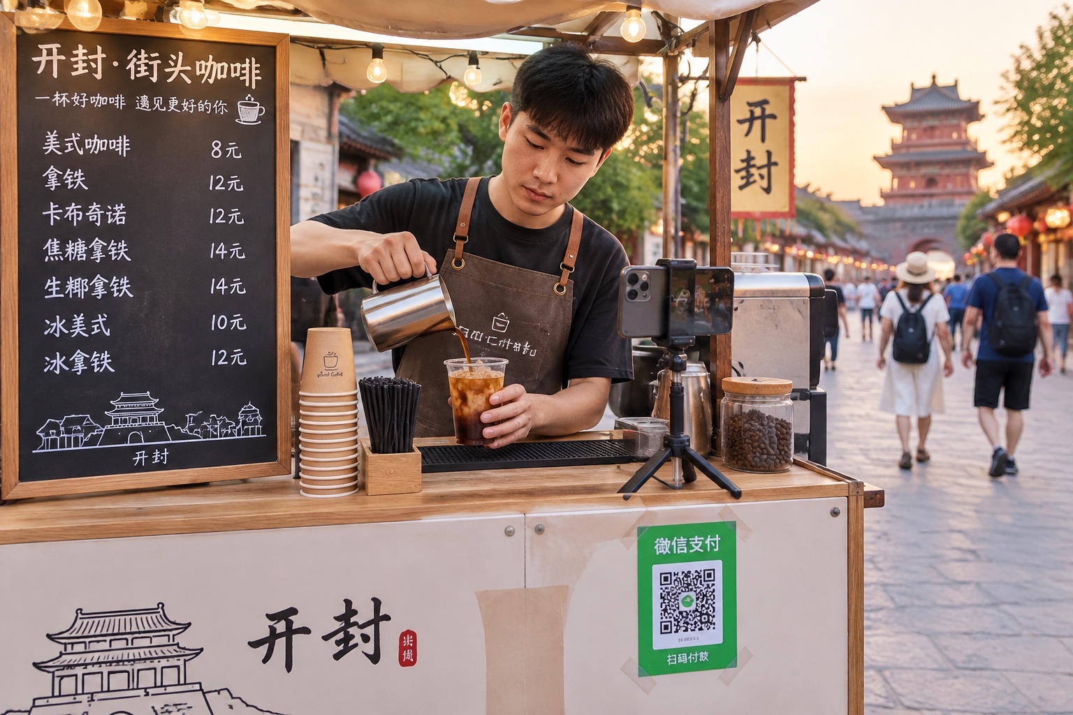 A young vendor filming his drink cart with a phone tripod while serving customers at a Kaifeng night market
