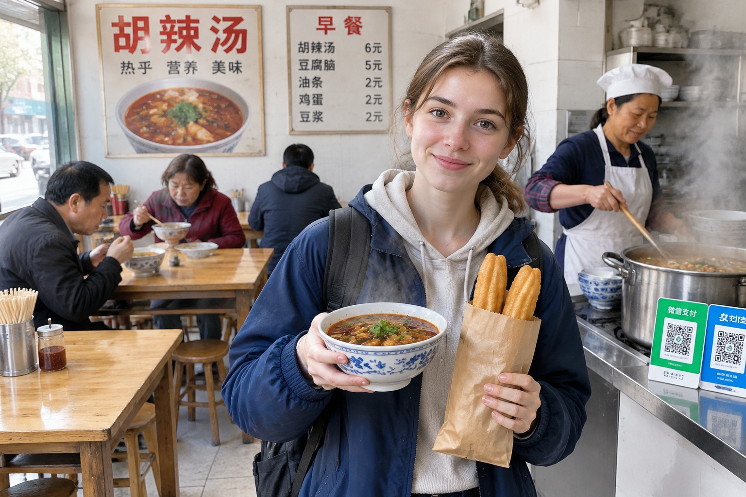Beyond Dumplings: How Henan Snacks Are Redefining Chinese Cuisine for the World 22 A foreign student holding a bowl of Hu La Tang breakfast and fried dough sticks in a small Henan shop with local diners