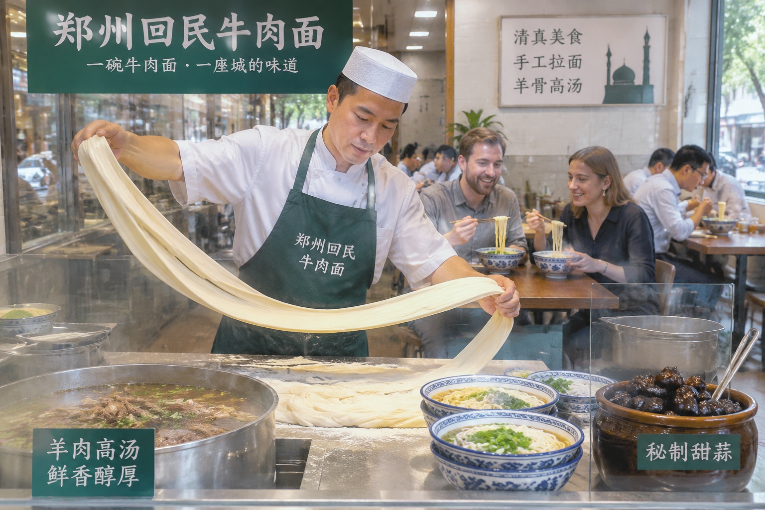 Beyond Dumplings: How Henan Snacks Are Redefining Chinese Cuisine for the World 23 A noodle cook stretching wide Hui Mian noodles in a Zhengzhou shop while customers eat lunch
