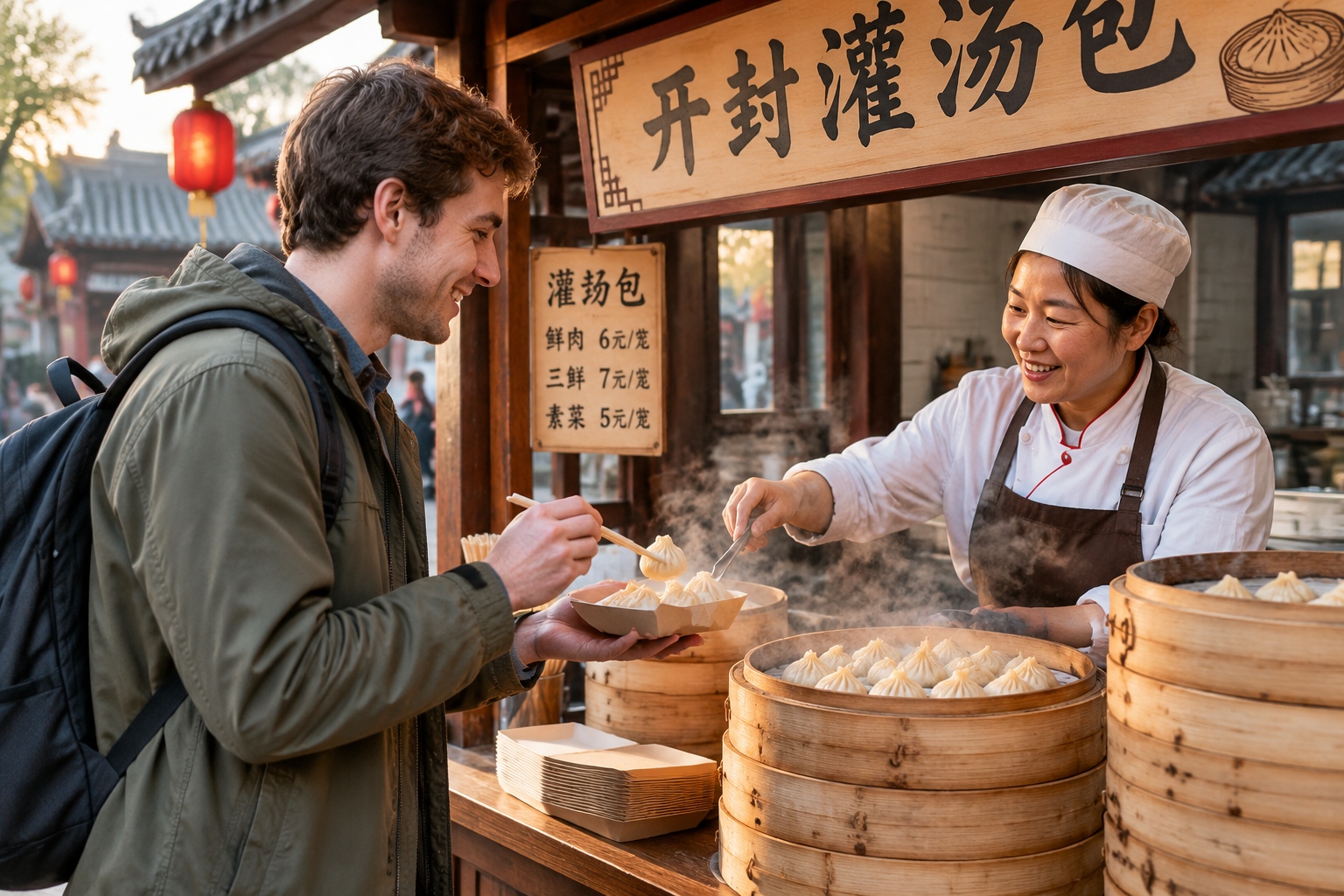 Beyond Dumplings: How Henan Snacks Are Redefining Chinese Cuisine for the World 24 A foreign traveler buying soup dumplings at a street food stall in Kaifeng, Henan