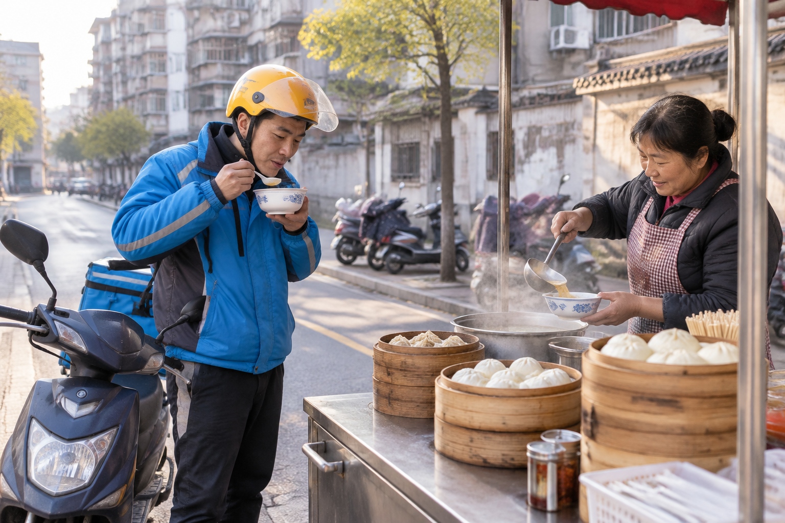 A Zhengzhou Delivery Rider's Food Map: What He Eats While Navigating the City 22 Delivery rider eating a bowl of hulatang at a pavement breakfast stall in an older Zhengzhou neighbourhood in the early morning