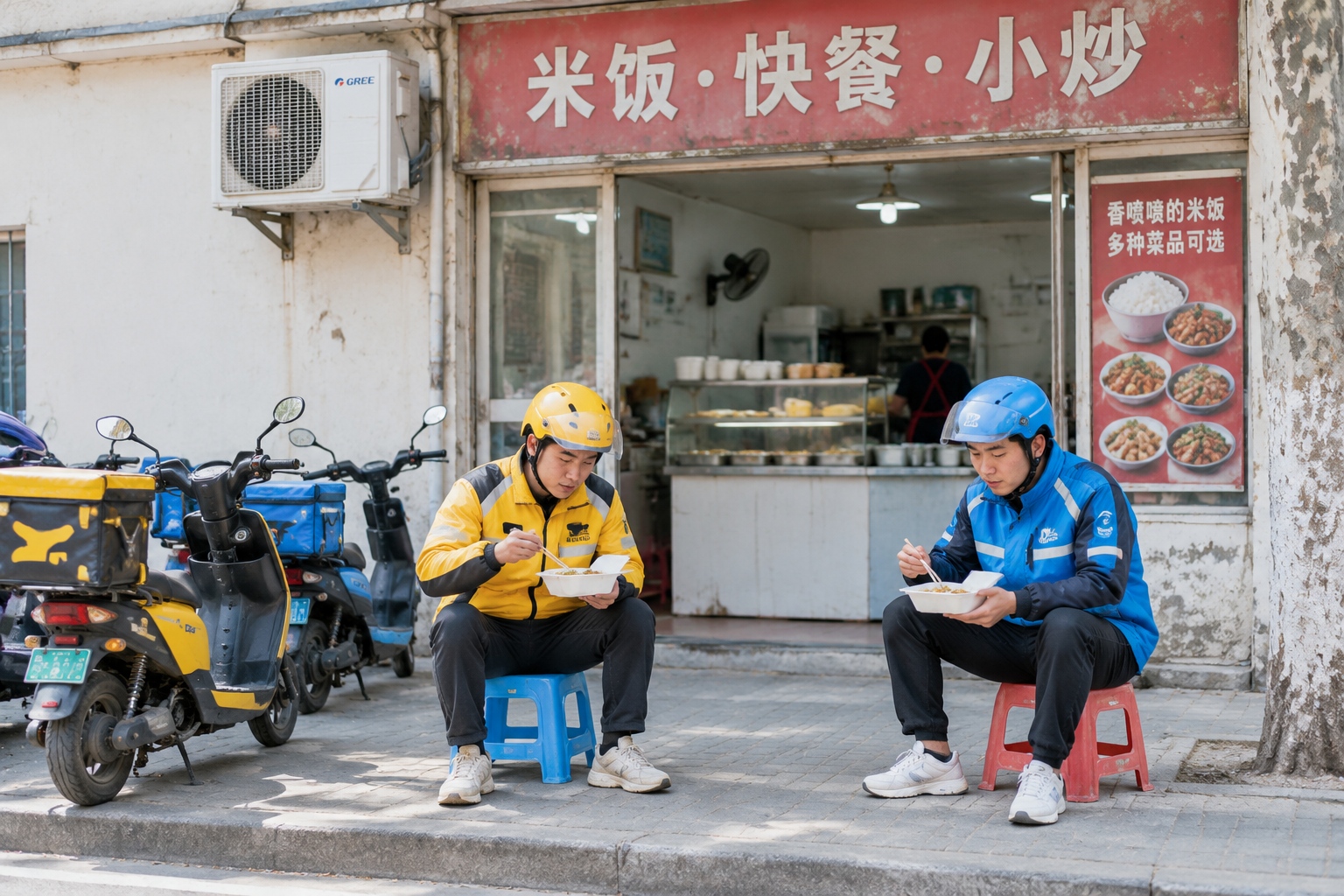 A Zhengzhou Delivery Rider's Food Map: What He Eats While Navigating the City 23 Two delivery riders eating takeaway lunch on plastic stools outside a small canteen in Zhengzhou while their scooters are parked along the kerb