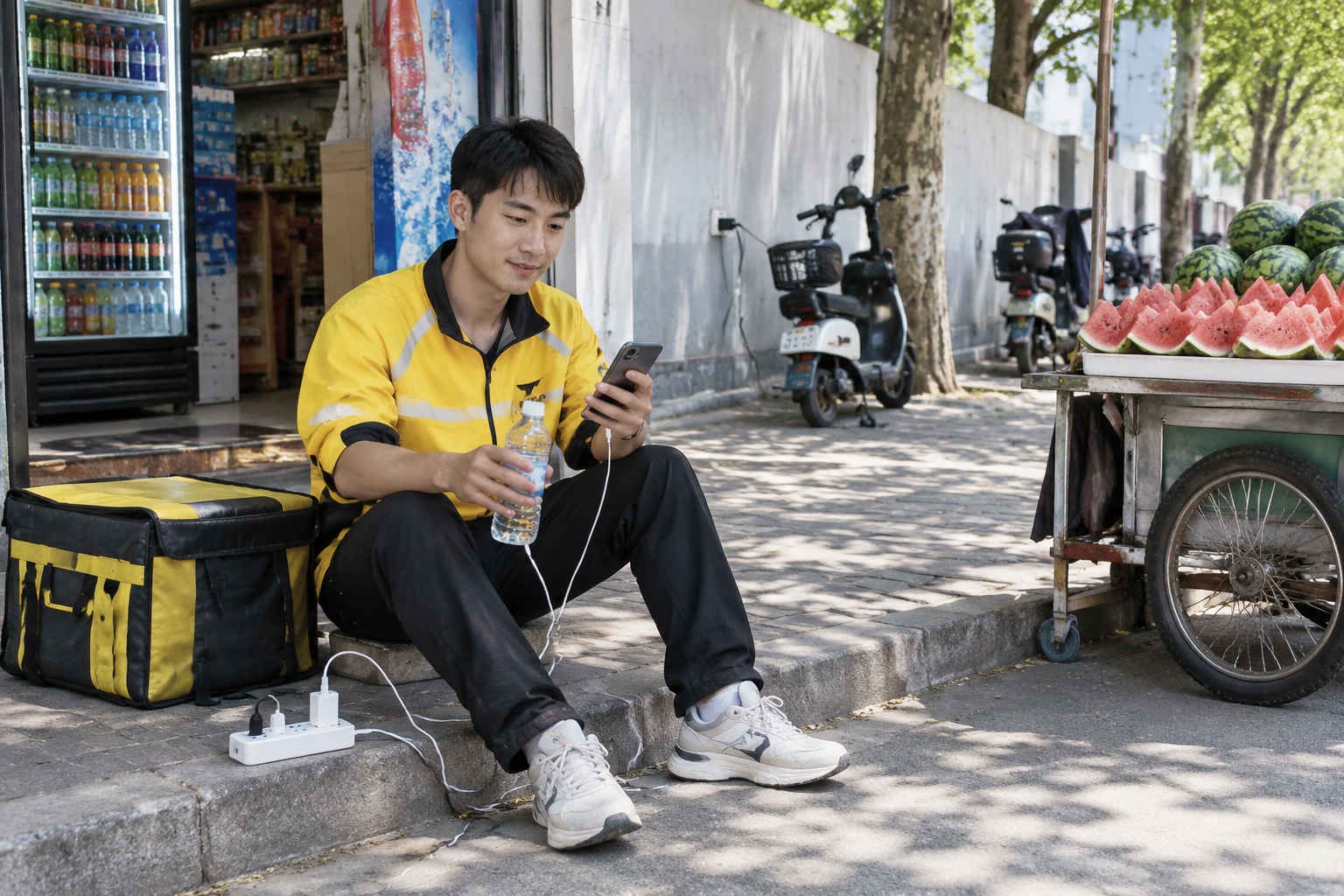 A Zhengzhou Delivery Rider's Food Map: What He Eats While Navigating the City 24 Delivery rider resting on a kerb outside a cold-drink shop in Zhengzhou while charging his phone, with a fruit cart nearby