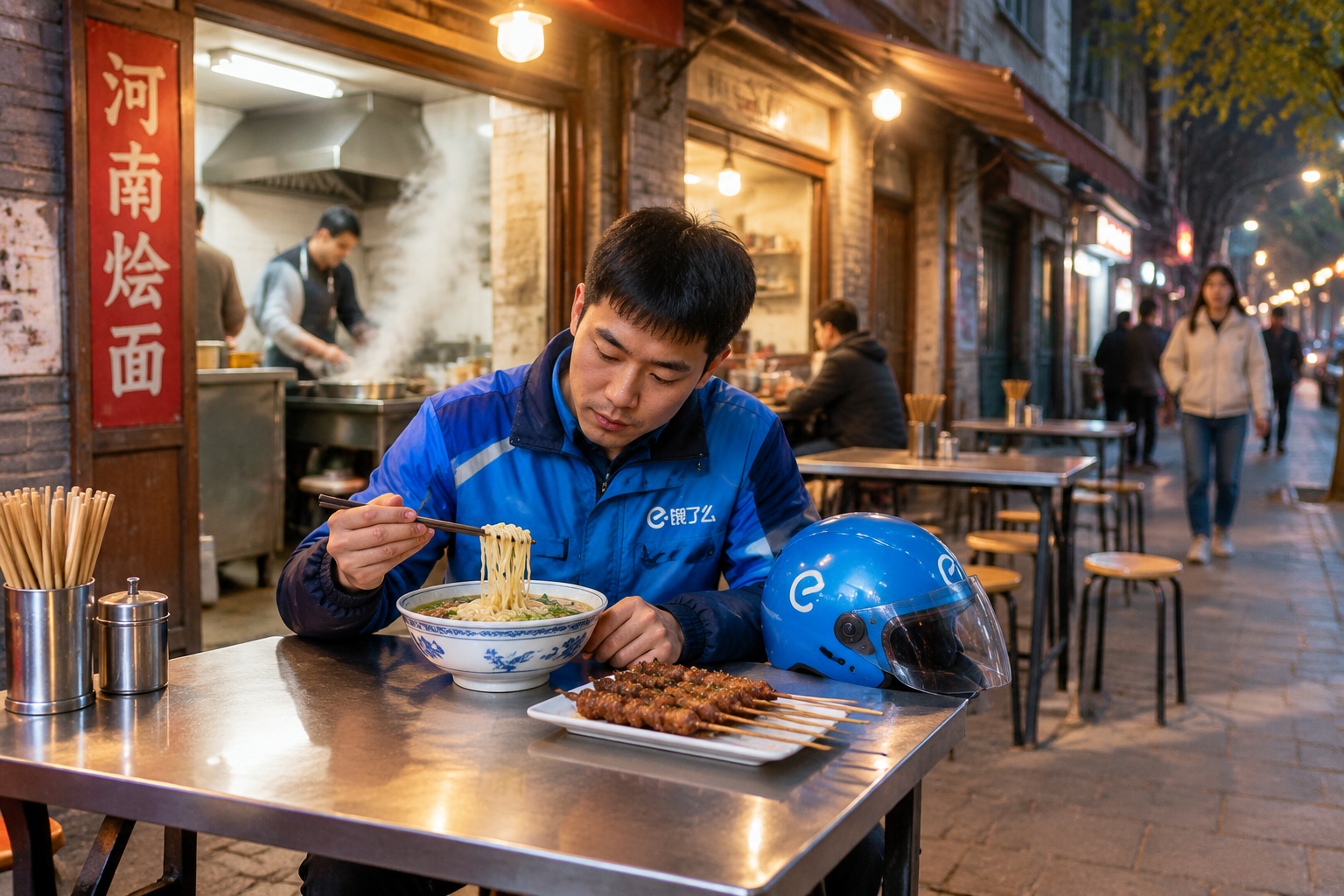 A Zhengzhou Delivery Rider's Food Map: What He Eats While Navigating the City 25 Delivery rider eating a bowl of hui noodles and lamb skewers at a pavement table in an older Zhengzhou neighbourhood at night