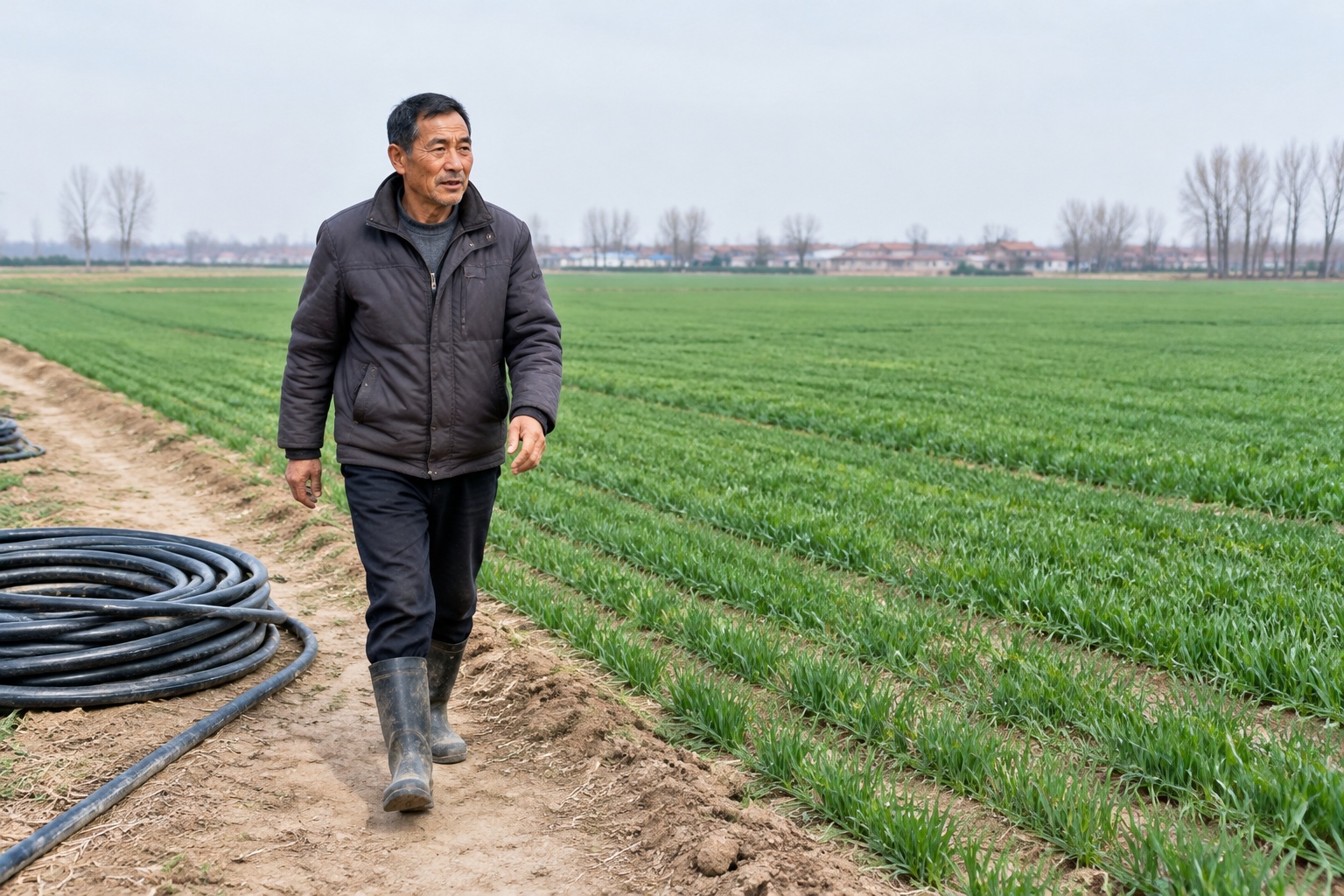 A farmer walks beside a young green winter wheat field on the flat North China Plain in Henan, with an irrigation hose on the ground nearby