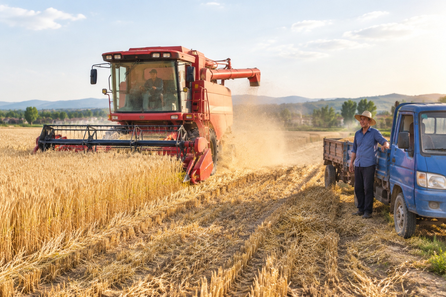 A combine harvester cuts golden wheat in Henan while a farmer waits beside a small truck and trailer at the edge of the field