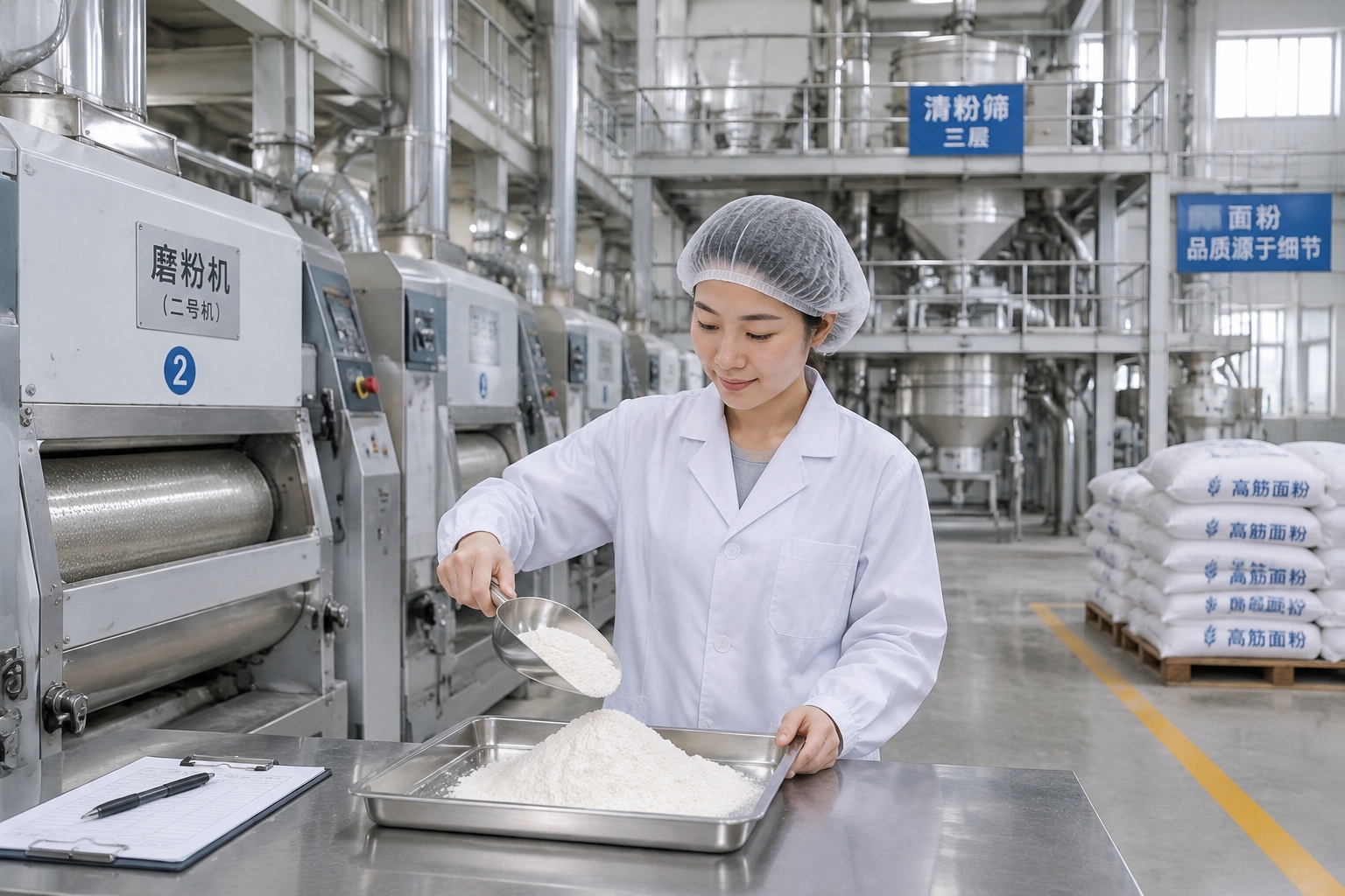 A quality control worker in a white coat inspects flour beside roller mills inside a flour mill in Henan province