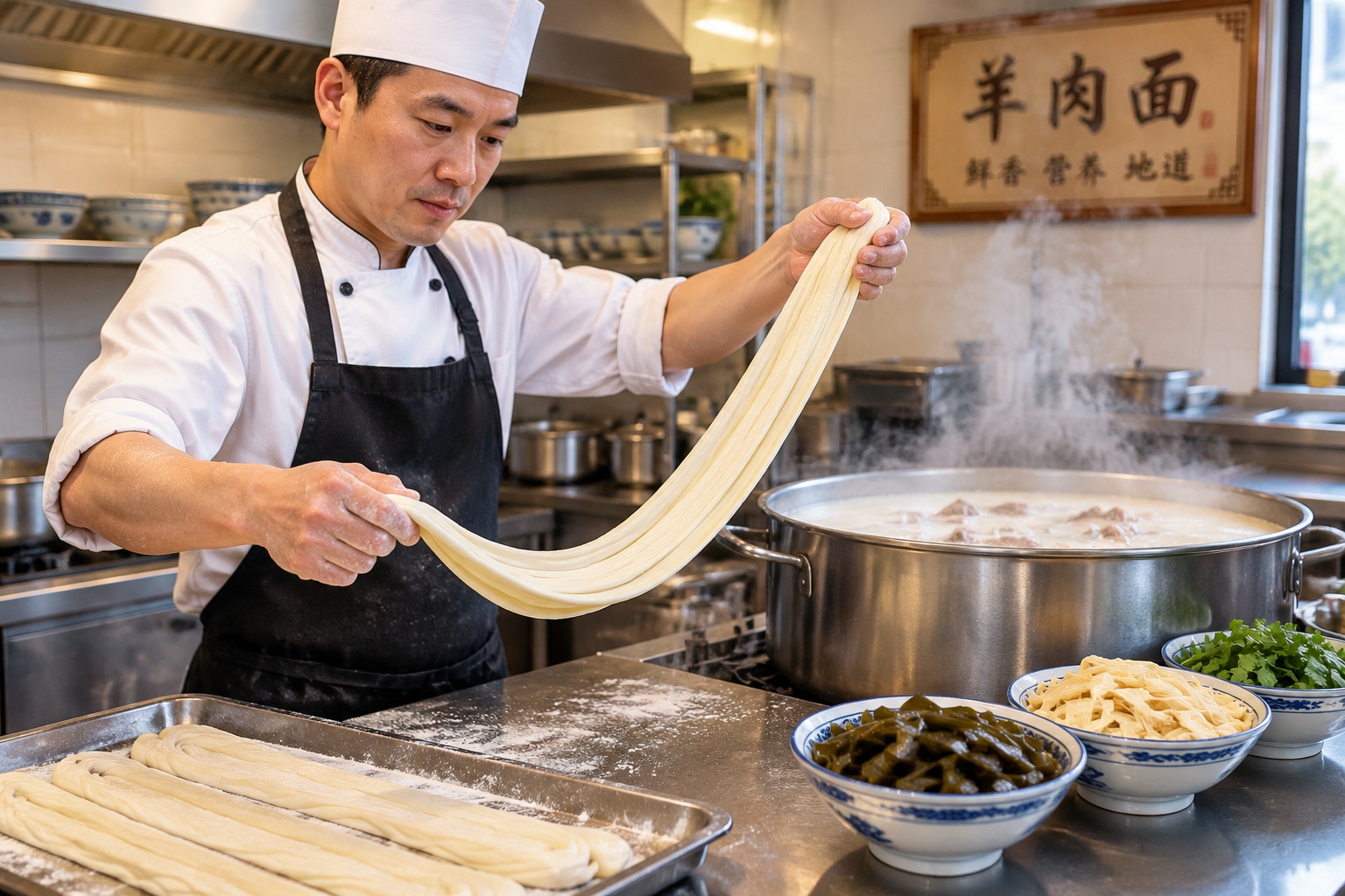 A cook pulls a wide strip of huimian dough by hand in a Zhengzhou noodle kitchen, with bowls of kelp, tofu and cilantro ready beside a pot of mutton broth