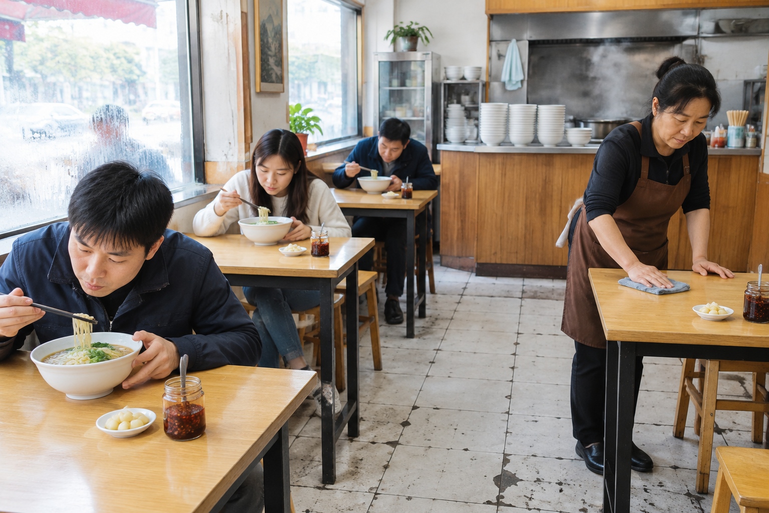 Customers eat bowls of huimian at simple tables in a small Zhengzhou noodle shop while the owner wipes down a table after the lunch rush