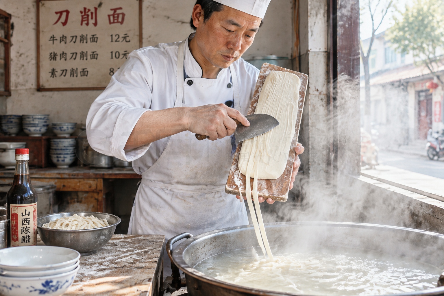 A cook shaving knife-cut noodles into a boiling pot inside a small Shanxi county noodle shop