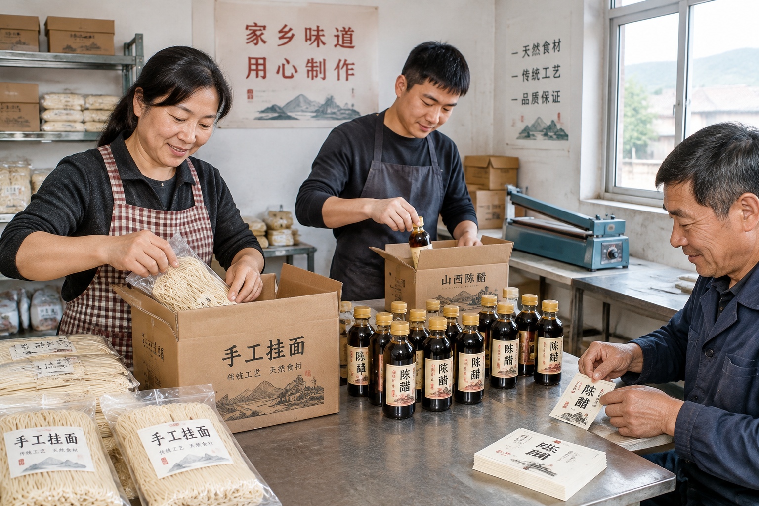 Workers packing dried noodles and vinegar bottles in a small Shanxi food workshop