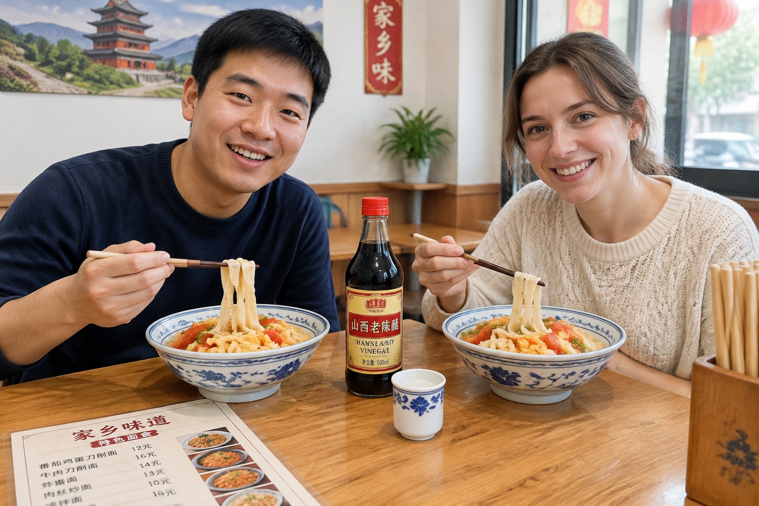 A bowl of Shanxi knife-cut noodles and aged vinegar served at an overseas Chinese restaurant table