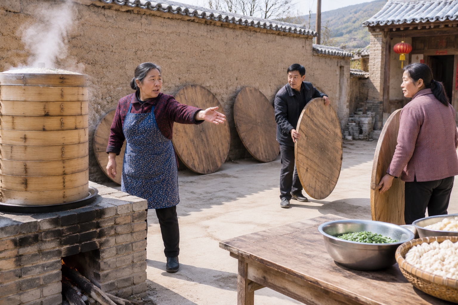 More Than Noodles: The Etiquette of Hospitality and Family Memories in Shanxi's Eight Dishes 22 Neighbors set up borrowed round tables and a tall bamboo steamer in a rural Shanxi courtyard before a family banquet.