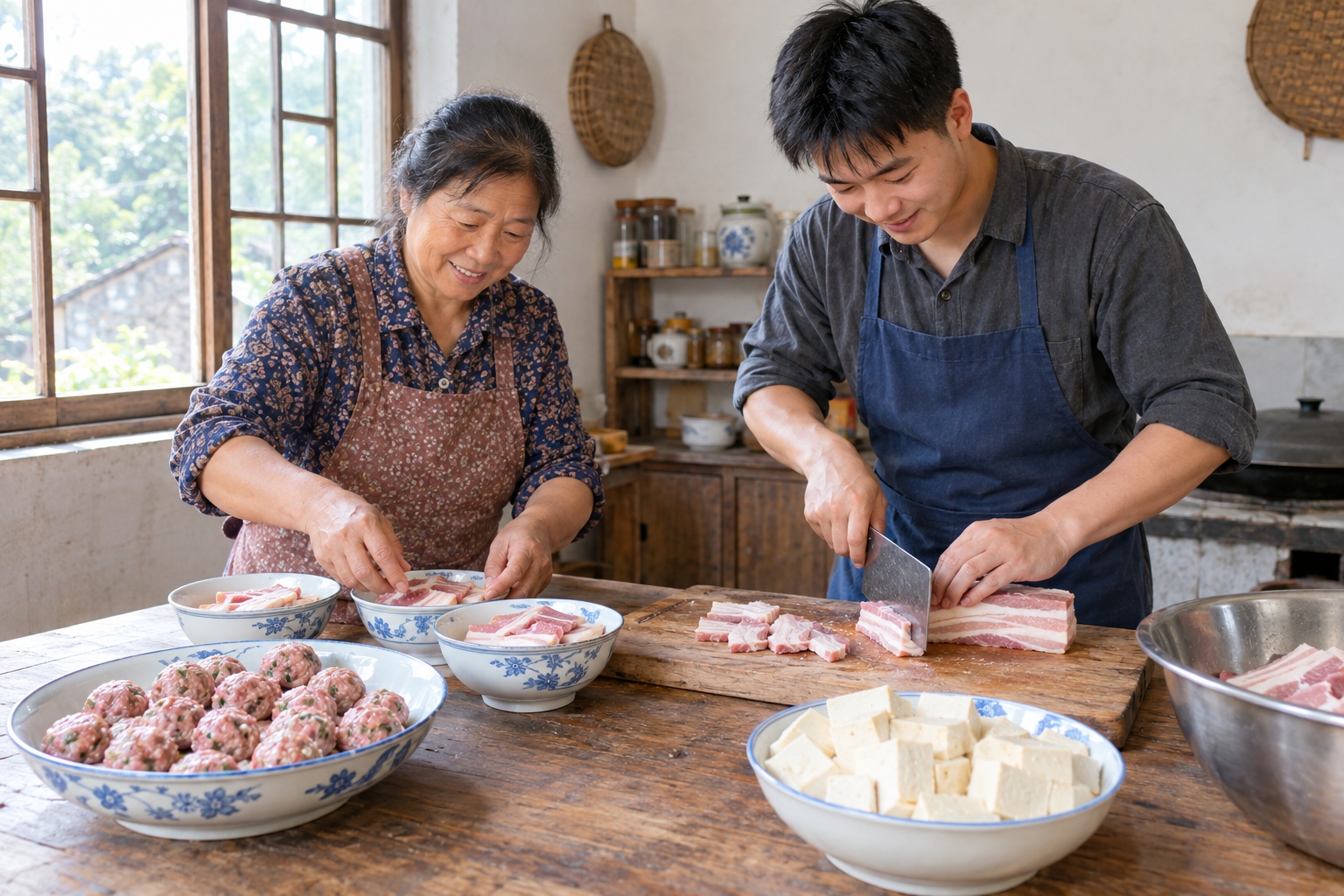 More Than Noodles: The Etiquette of Hospitality and Family Memories in Shanxi's Eight Dishes 23 An older woman and a younger man slice pork belly and arrange steamed bowls in a village kitchen in Shanxi.