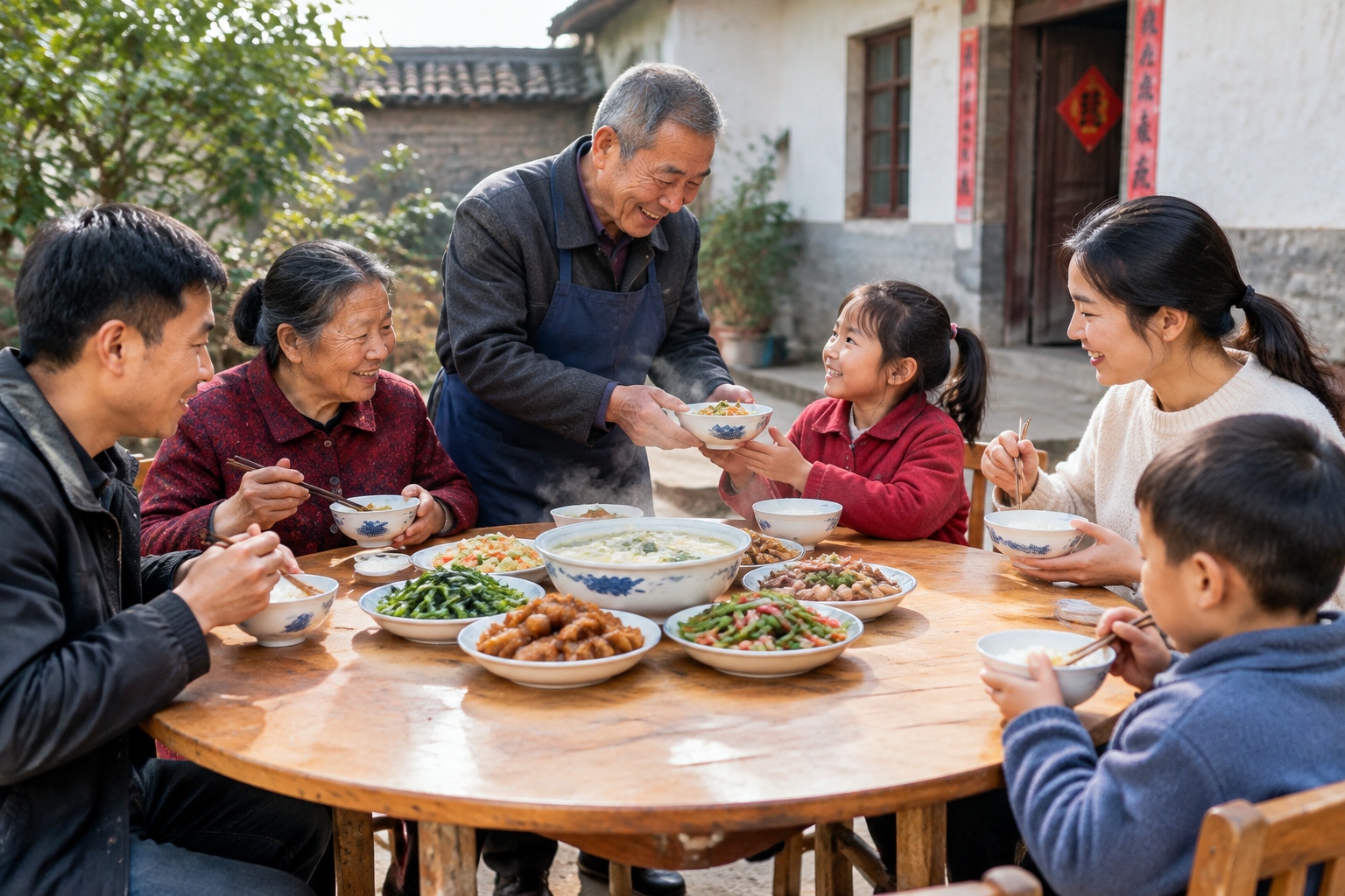 More Than Noodles: The Etiquette of Hospitality and Family Memories in Shanxi's Eight Dishes 24 Guests at a rural Shanxi banquet table eat steamed dishes while an older host serves a child.
