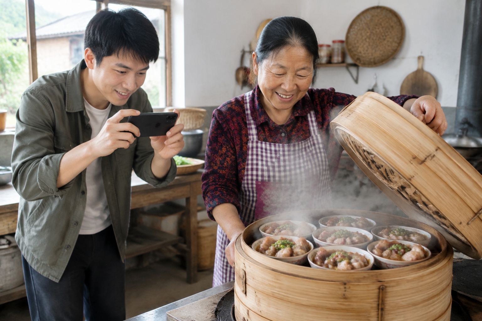More Than Noodles: The Etiquette of Hospitality and Family Memories in Shanxi's Eight Dishes 25 A young man films his grandmother opening a bamboo steamer full of pork bowls in a Shanxi village kitchen.