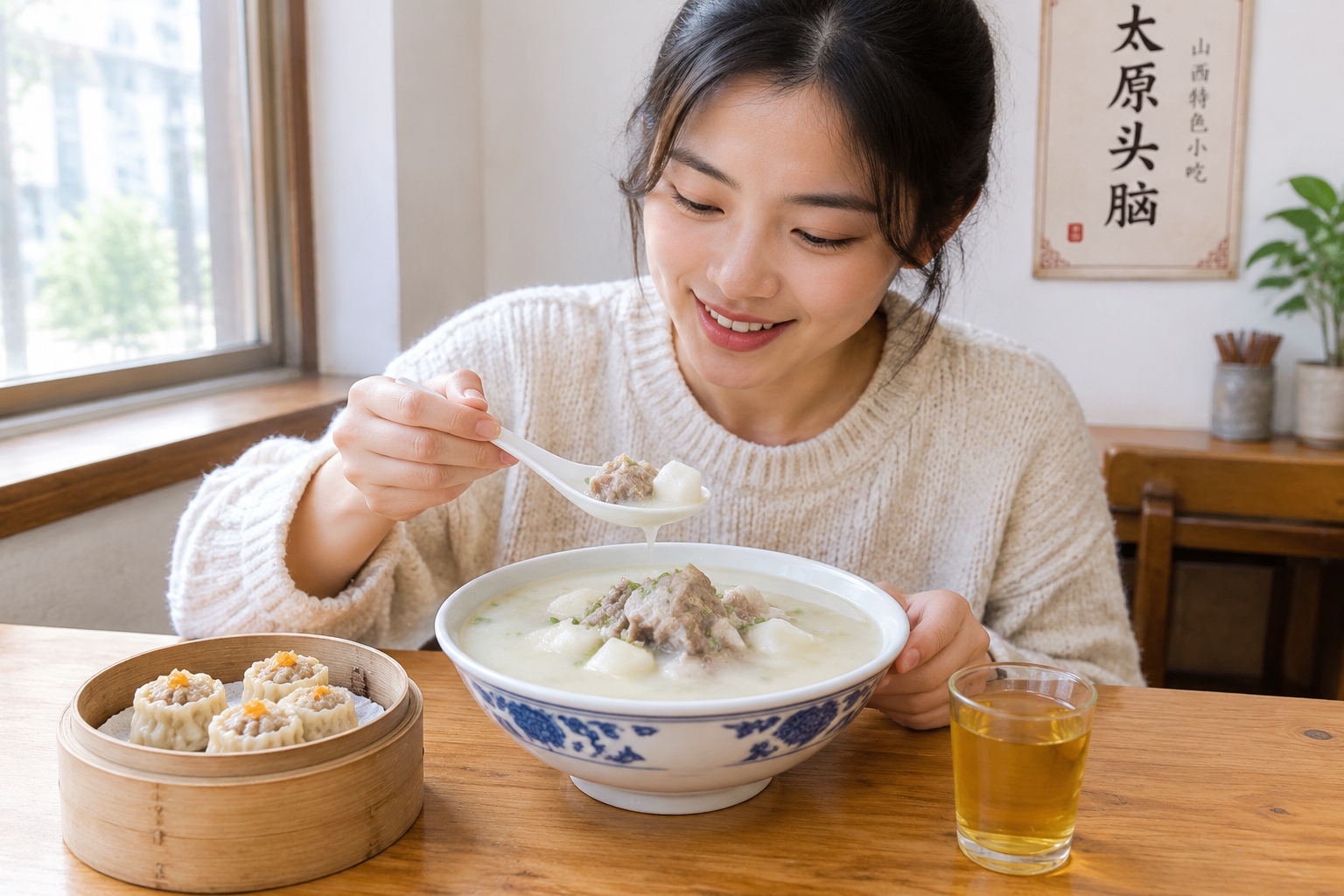 A bowl of Taiyuan tounao soup with shaomai and yellow rice wine on a wooden breakfast table