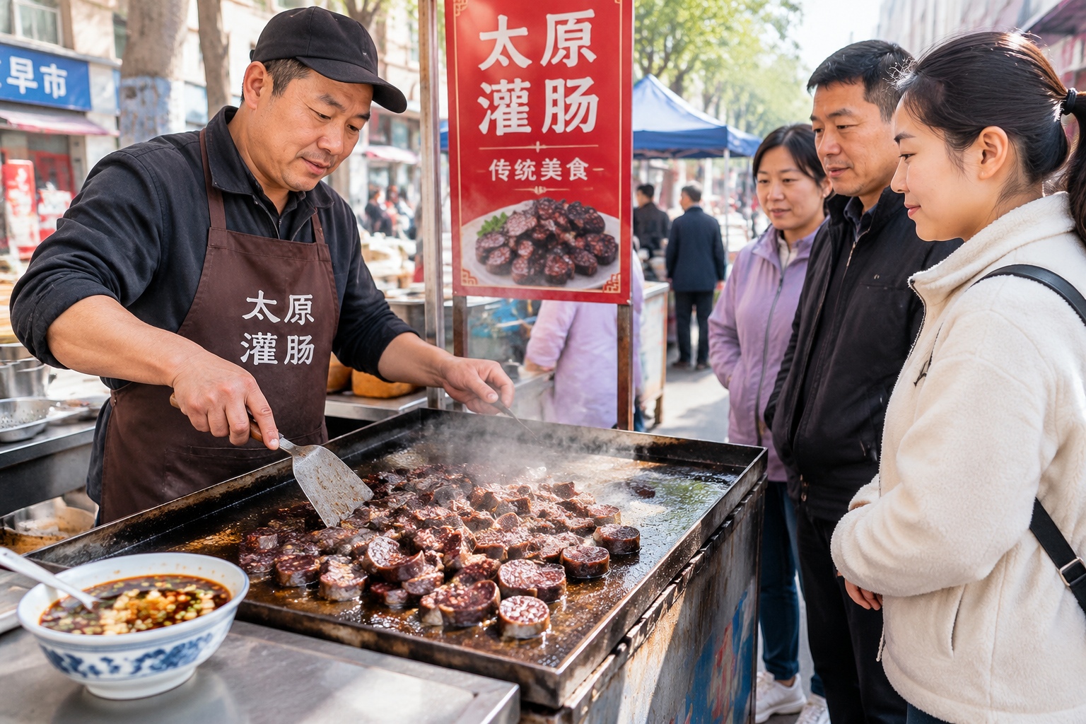 Street vendor frying sliced blood sausage guan chang at a Taiyuan morning market