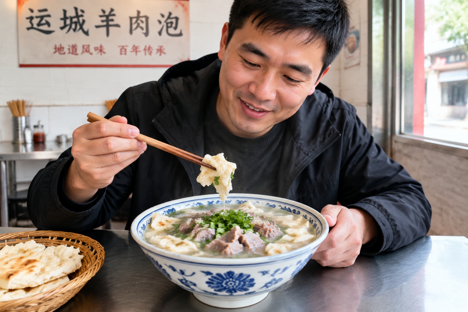 A bowl of Yuncheng mutton pao with lamb soup and torn flatbread at a local eatery