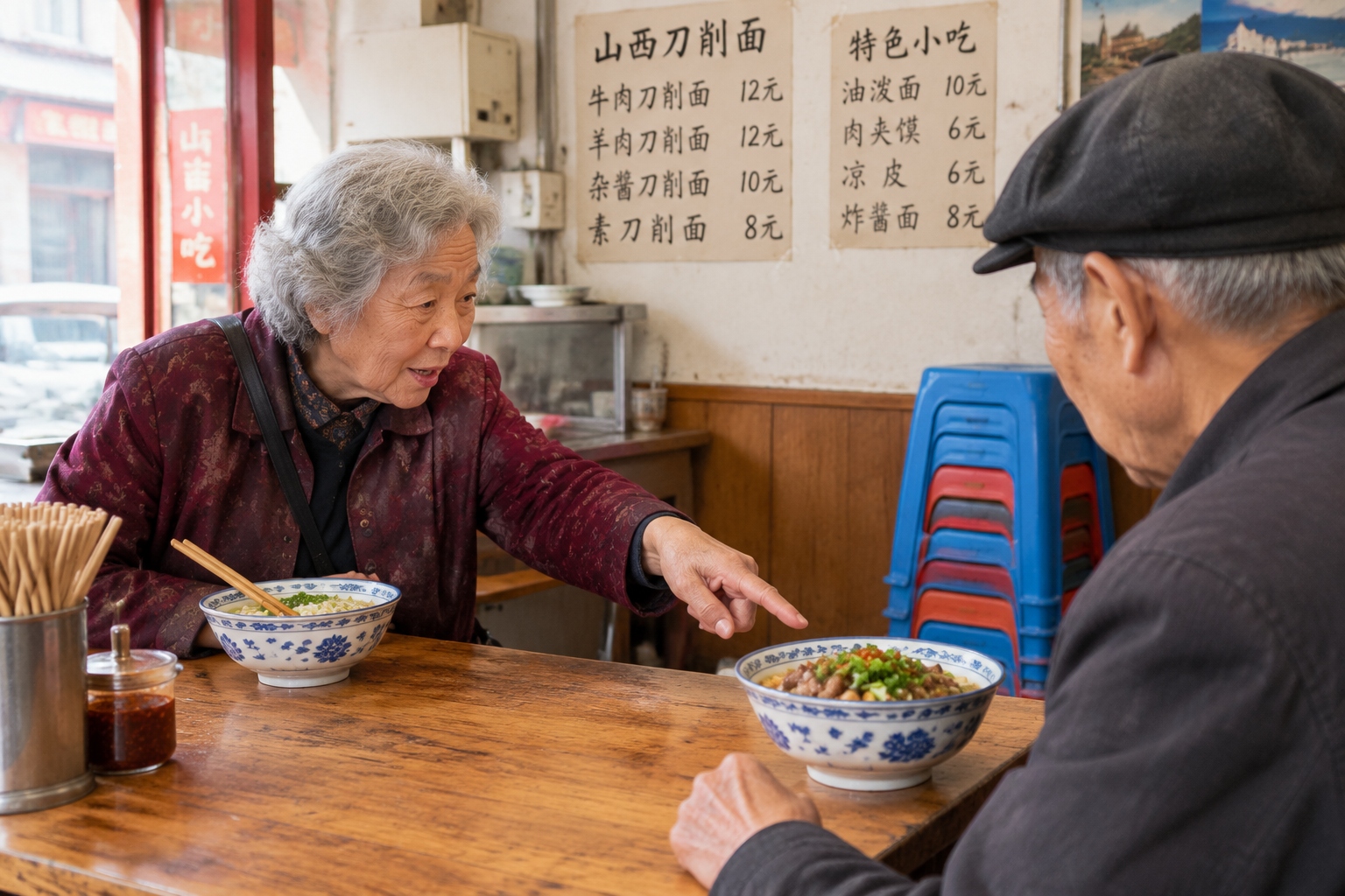Elderly customer pointing at another diner's bowl to order at a small Shanxi snack shop