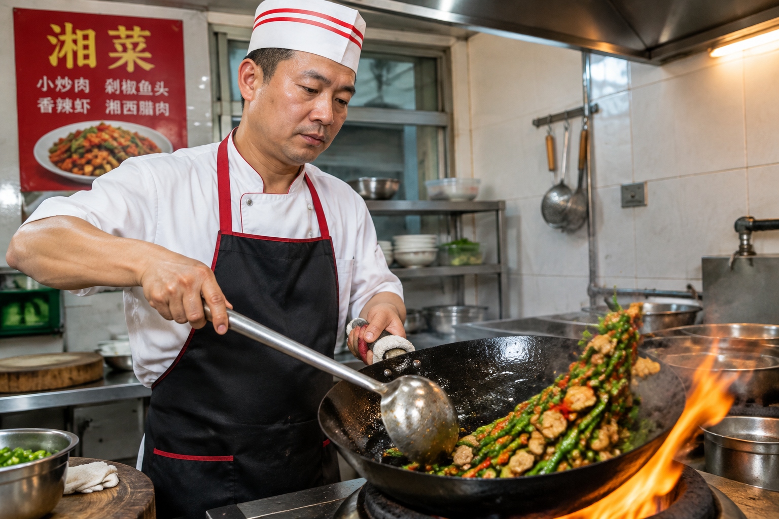 A chef tosses green chilies and sliced pork in a hot carbon-steel wok in a small Hunan restaurant kitchen.