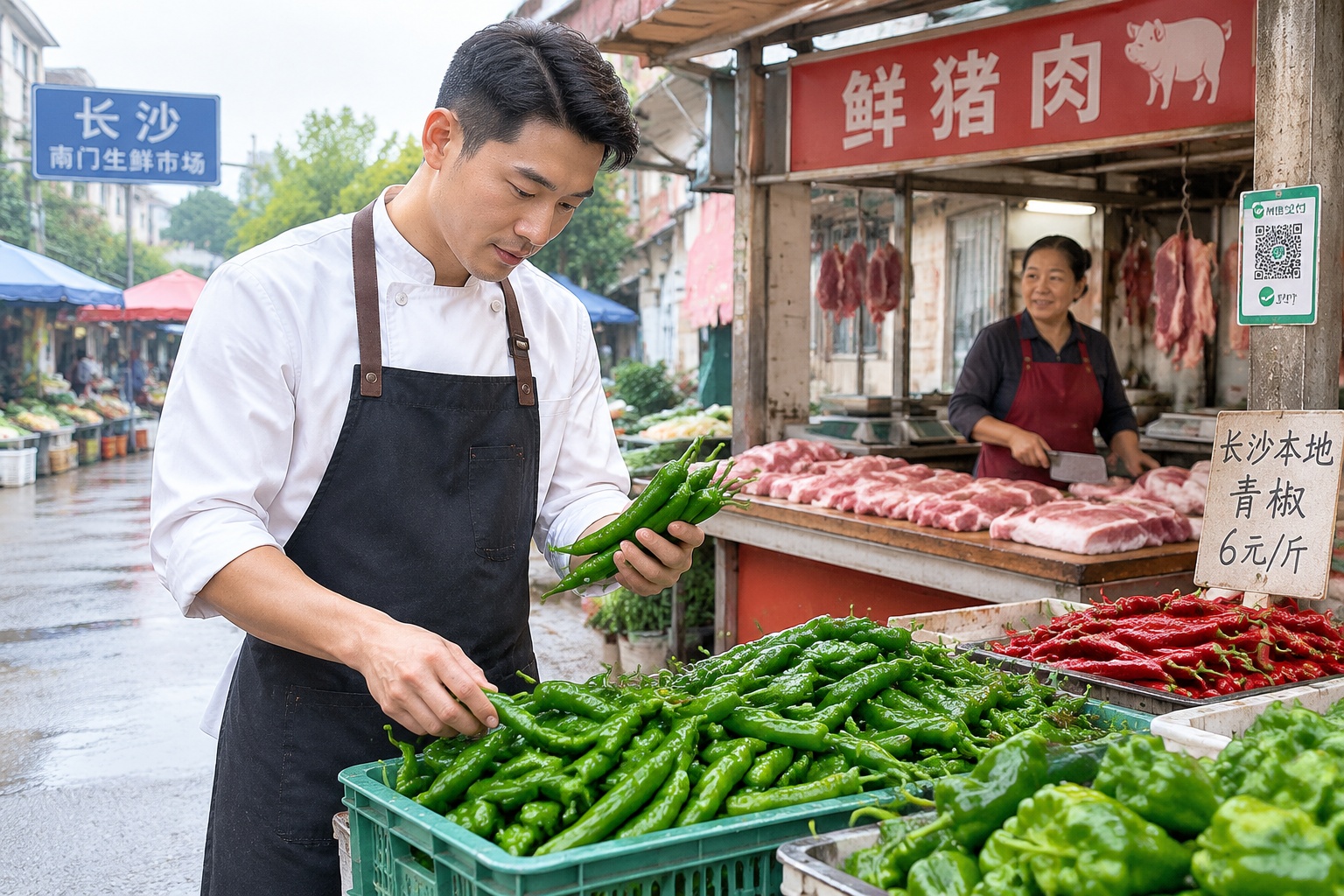 A Hunan chef selects fresh green chilies at a morning market in Changsha.