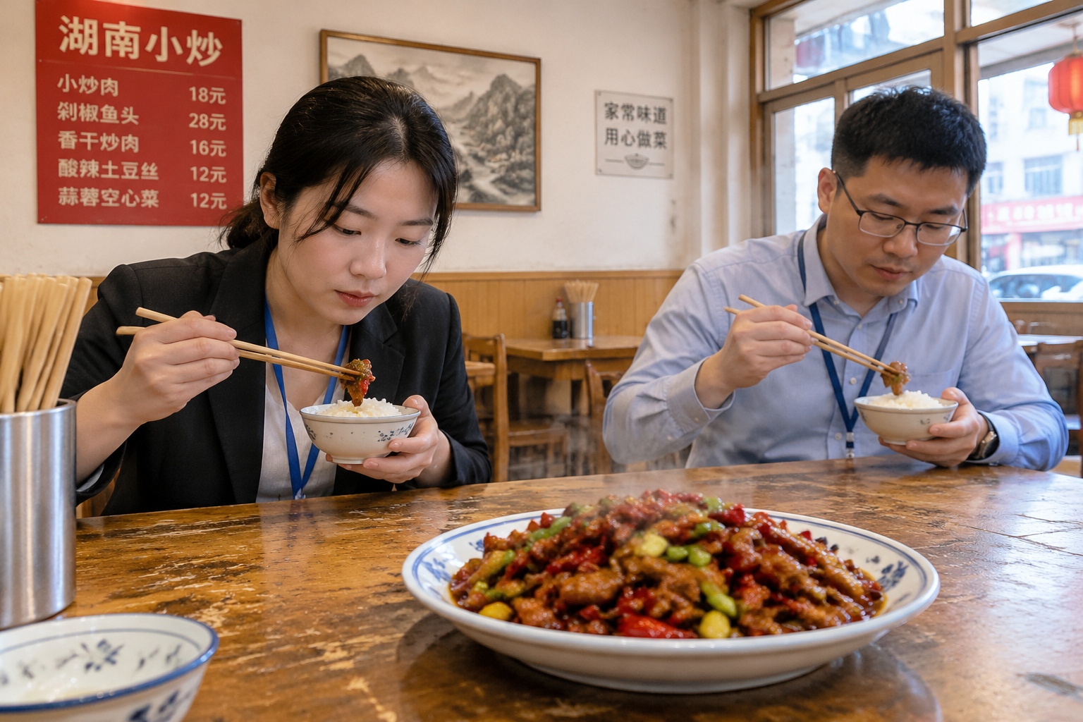 A plate of Hunan chili-fried pork sits on a table in a small Changsha restaurant as diners eat in the background.
