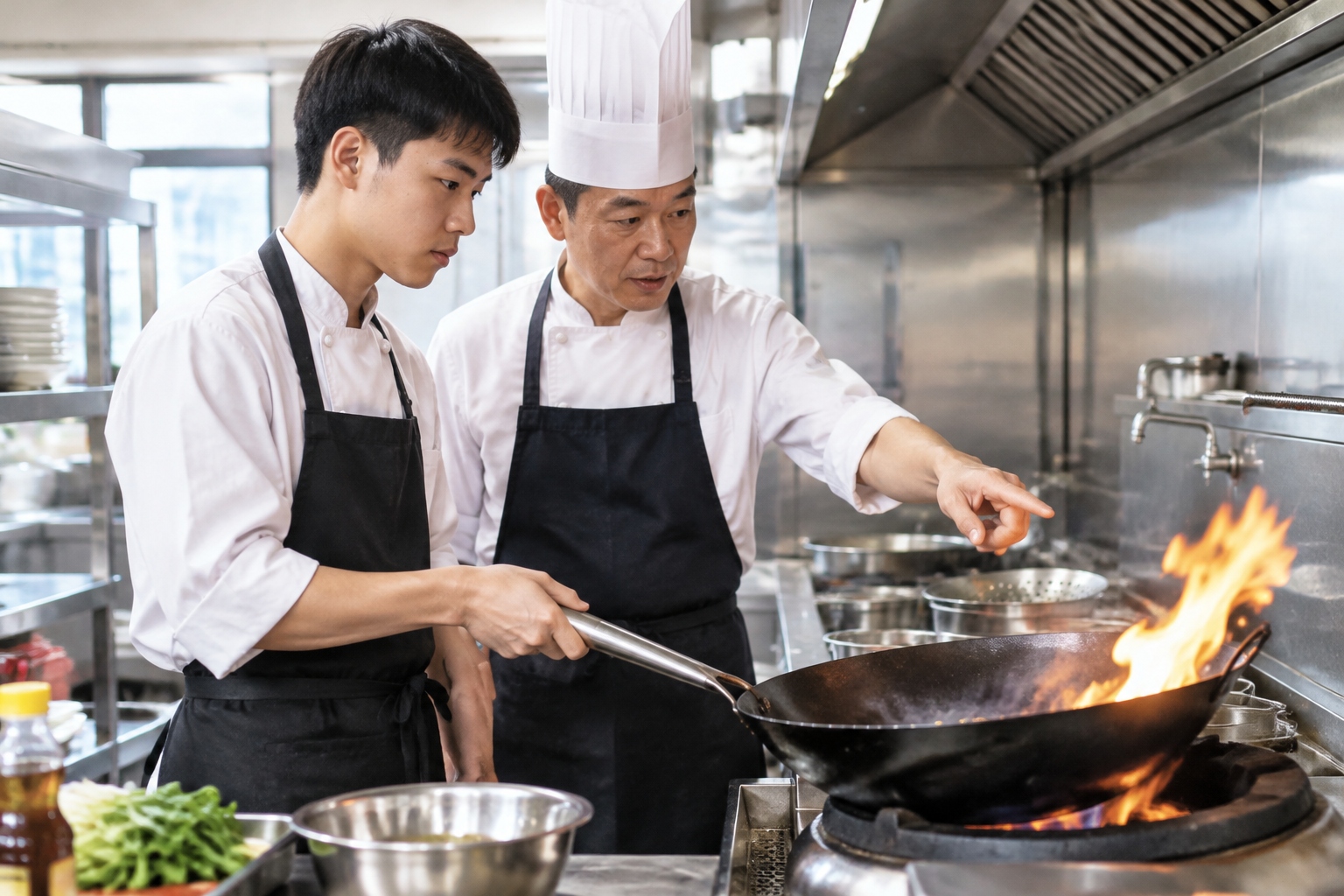 A young apprentice watches an older Hunan chef adjust the flame under a wok.