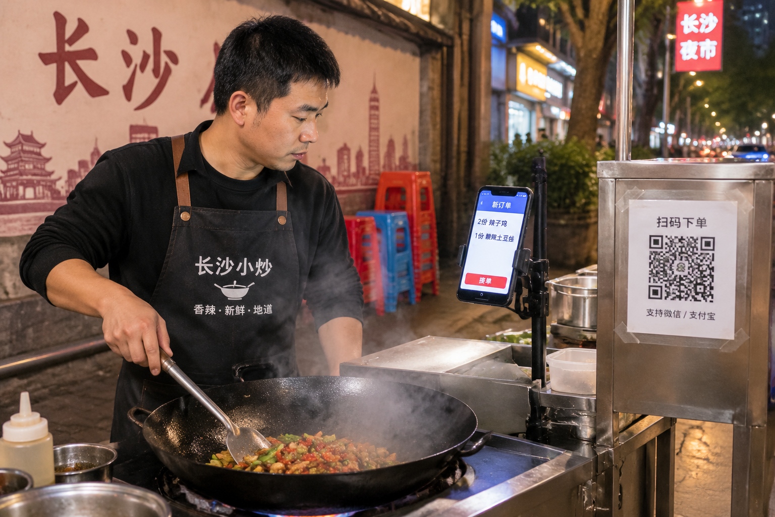 Street food vendor in Changsha checking a delivery order on his phone while cooking at his late-night cart
