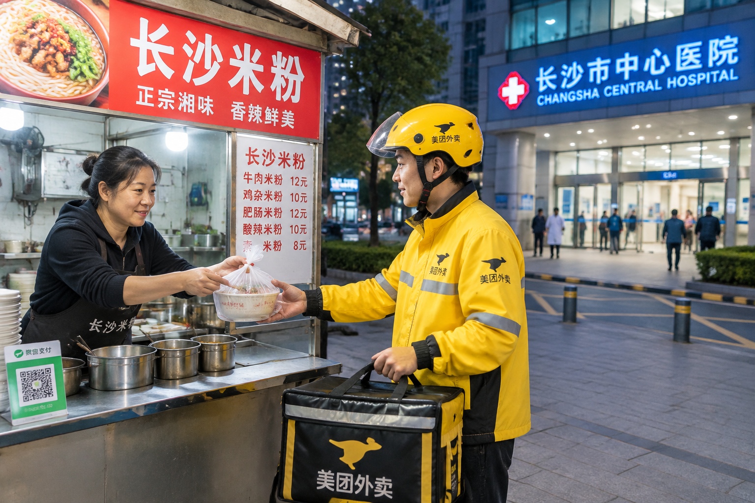 Delivery rider in yellow jacket collecting a packaged food order from a Hunan street vendor at night