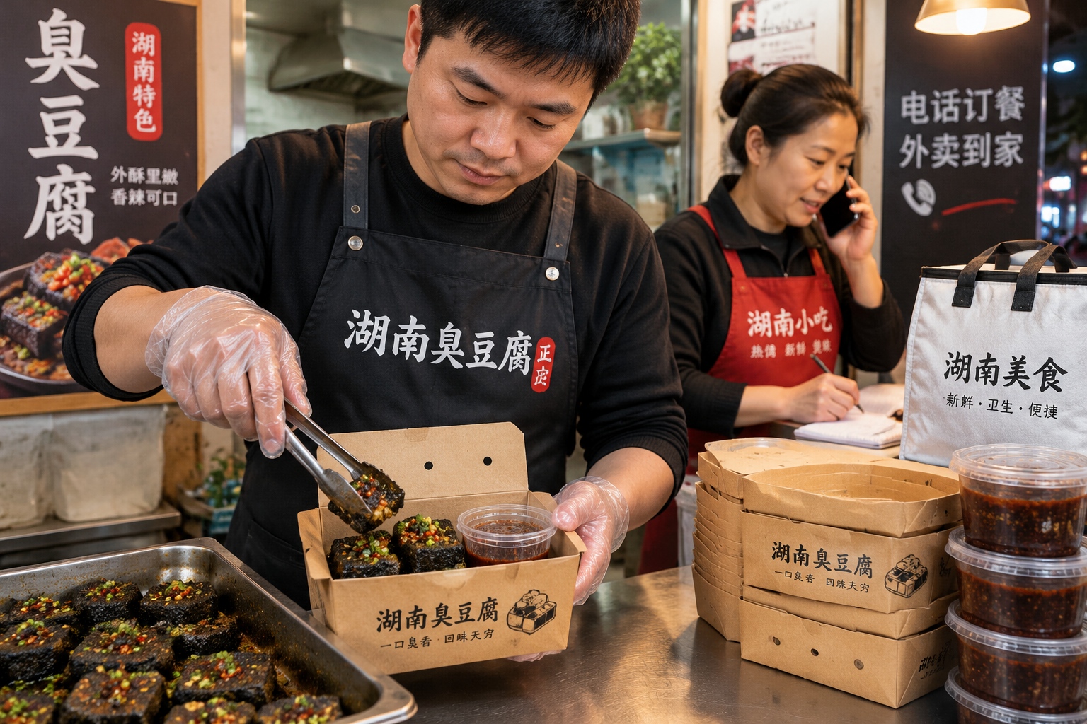 Hunan food vendor packing stinky tofu and rice noodles into delivery containers with separate sauce boxes