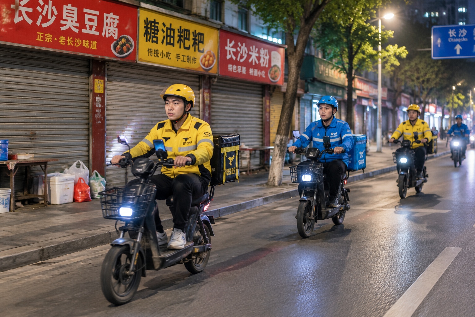 Delivery riders on electric bikes riding through a Changsha street after midnight past closing food stalls